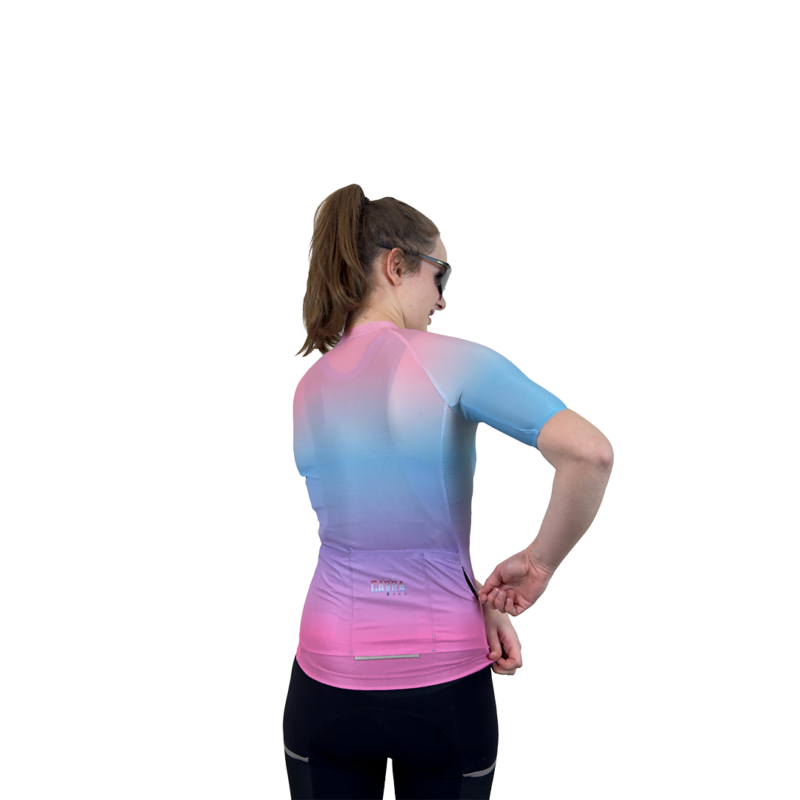 Capra Warrior Blue Pink Women's Cycling Jersey Back with Model