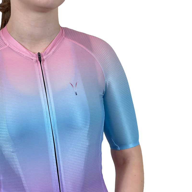 Capra Warrior Blue Pink Women's Cycling Jersey Front with Model