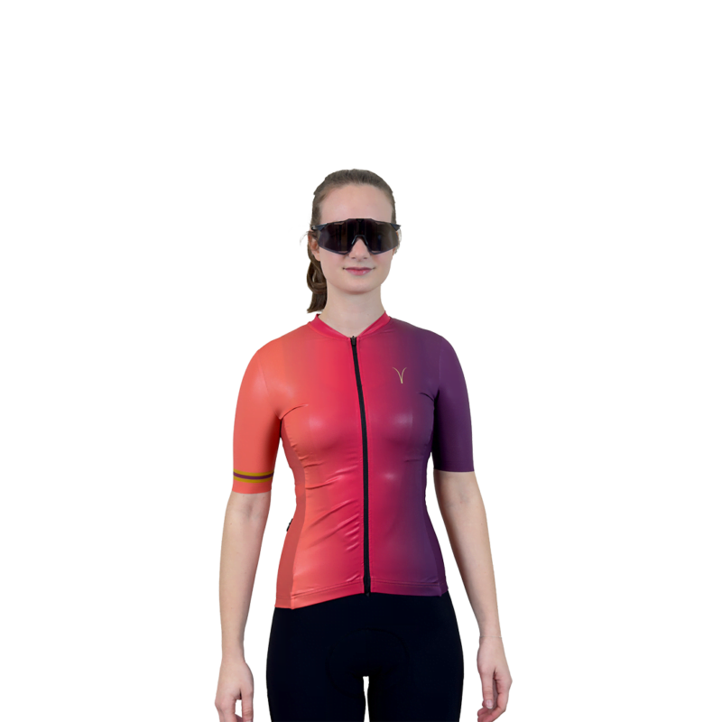Flare Red Purple Gradient Women's Cycling Jersey Front with Model
