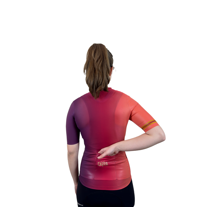 Flare Red Purple Gradient Women's Cycling Jersey Back Pocket with Model